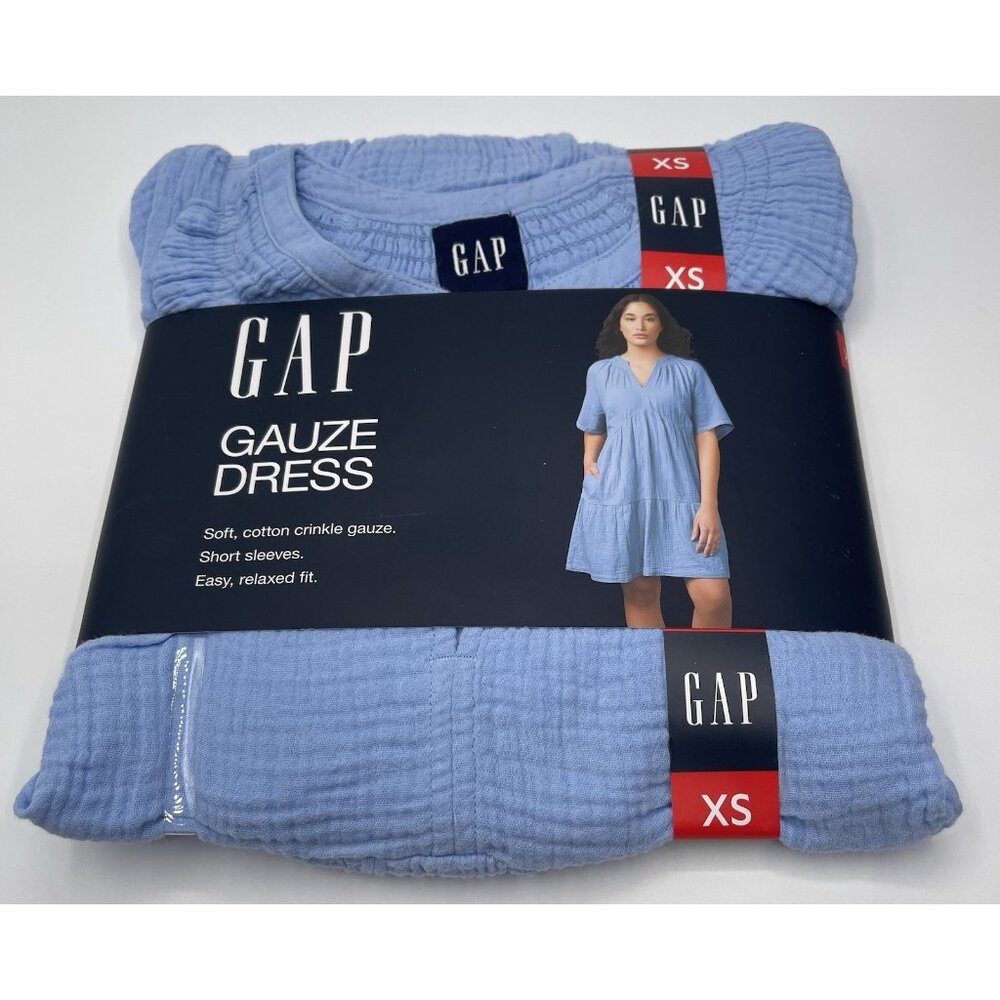 Gap Women's Gauze Tiered Dress Size XS Blue Short Sleeve BOHO V Neck Ladies